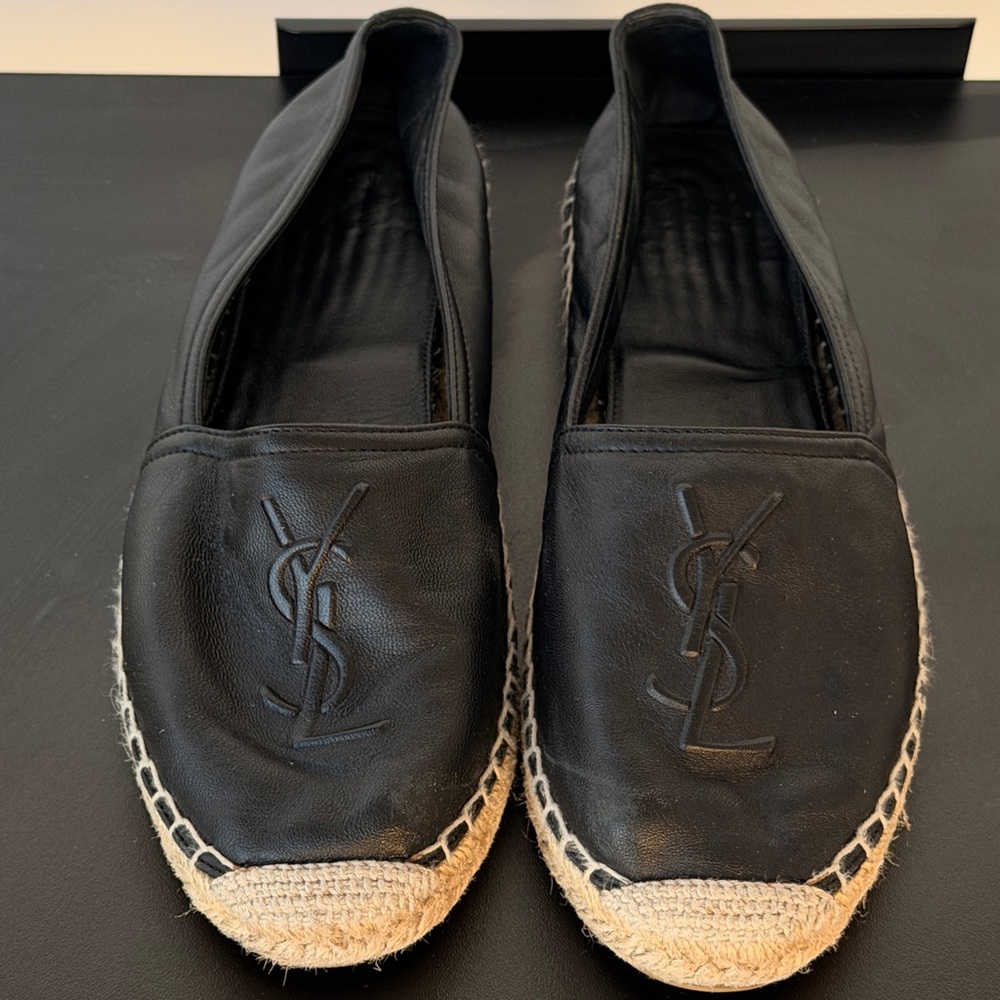 Saint Laurent Black Leather Espadrilles with Jute Trim